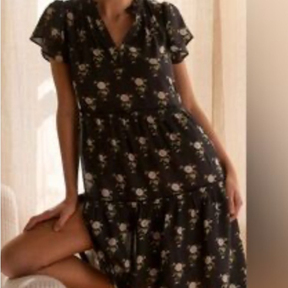 Anthropologie Black and Cream Floral Mini Dress